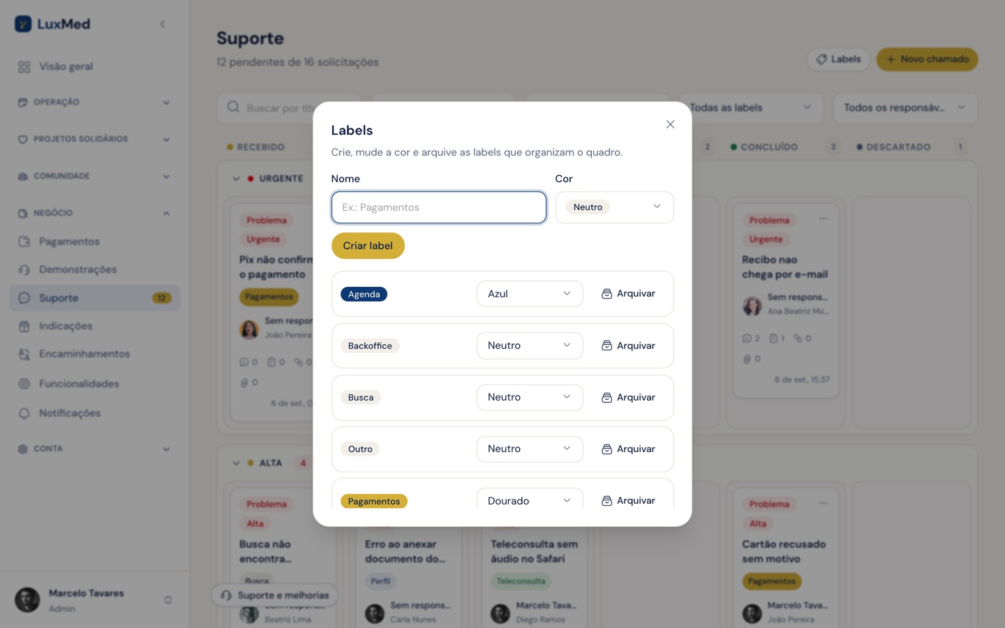 Gestão de labels do suporte com cores e arquivamento