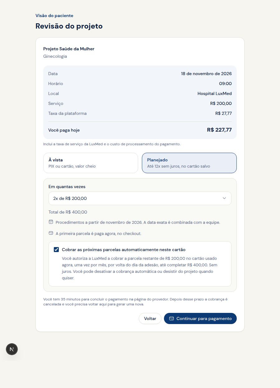 Checkout planejado de projeto com taxa na primeira parcela