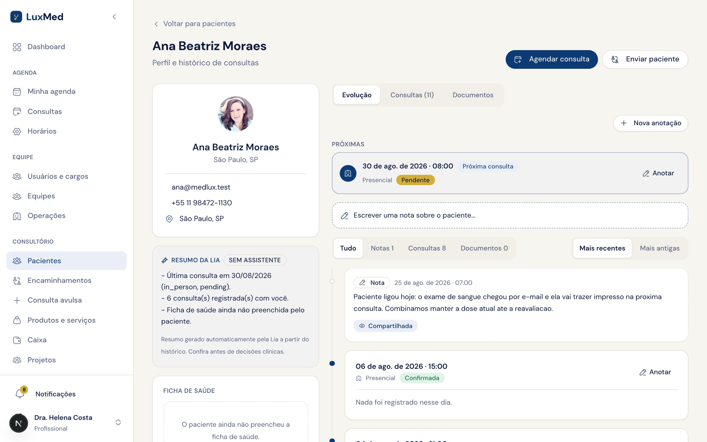 Tela do paciente no consultório com o bloco Próximas, o selo Próxima consulta e o campo para escrever uma nota sobre o paciente
