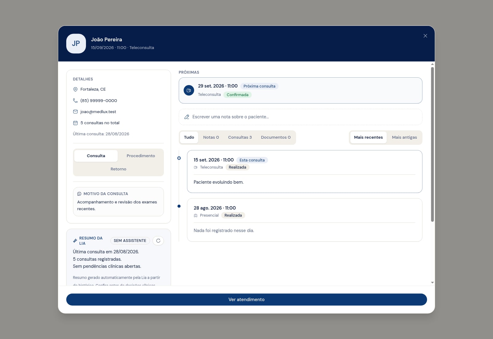 Modal amplo do histórico do paciente, com o contexto clínico na lateral e a régua de consultas na área principal