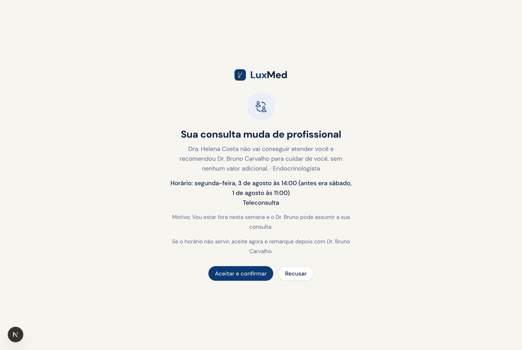 Página que o paciente abre pelo e-mail, com o novo profissional, o horário e os botões de aceitar ou recusar