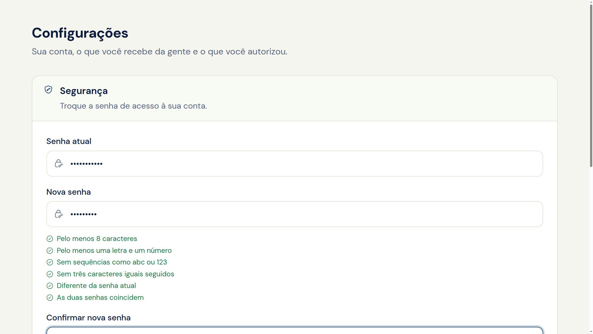 Tela de Configurações do paciente com a seção Segurança e os campos para trocar a senha