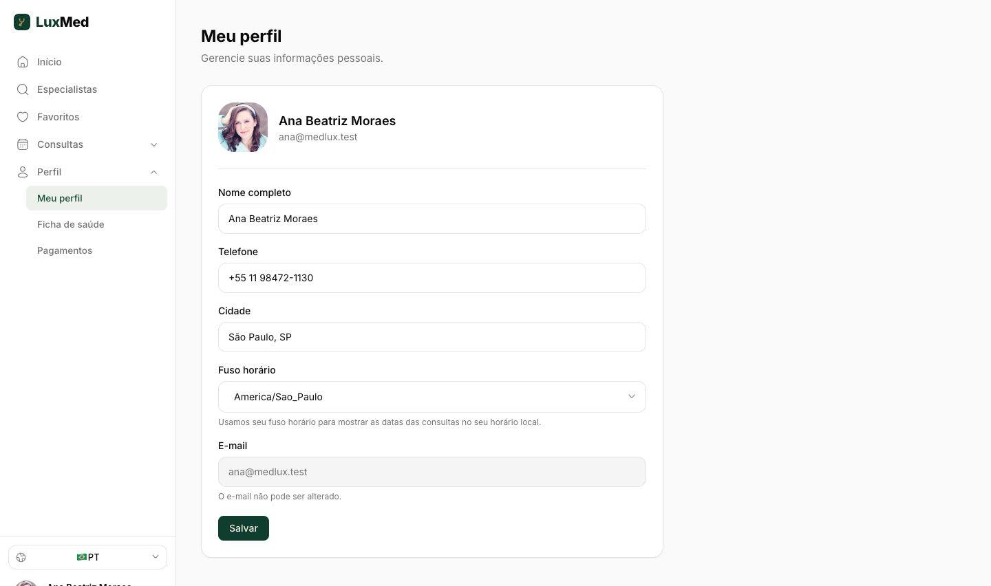 Seletor de fuso horário no perfil do paciente